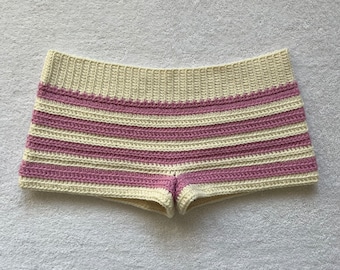 Crochet Mini Shorts Pink & Cream Striped | Beach Outfit Mini Shorts | Summer Shorts | Y2K Mini Shorts | Hip Hugging Low Waisted