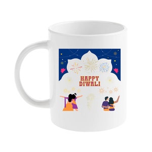 Coffee Mug | Happy Diwali with Fireworks| 15 oz White | Right-Handed Mug | Left-Handed Mug | Deepavali | Festival of Lights | Hindu Festival