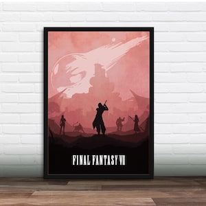 Può includere: Un poster minimalista rosa e nero con una silhouette di personaggi del videogioco Final Fantasy VII. Il poster presenta il testo "Final Fantasy VII".