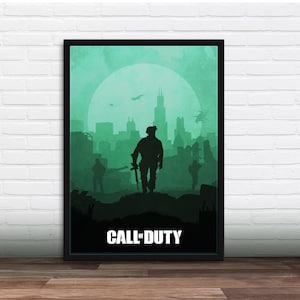 Puede incluir: Un póster verde y negro con la silueta de un soldado sosteniendo un rifle frente a un horizonte de ciudad. El texto "Call of Duty" está en la parte inferior del póster.