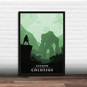 May include: A green and black poster featuring a silhouette of a person standing on a cliff, facing a giant, shadowy creature. The text "SHADOW OF THE COLOSSUS" is at the bottom of the poster.