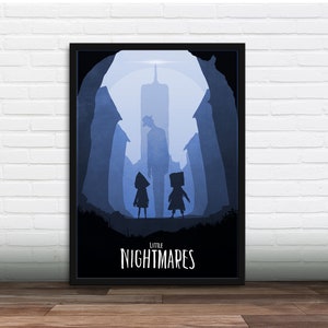 May include: A poster with a blue and black colour scheme featuring the title "Little Nightmares" and silhouettes of two children and a tall figure in a dark, shadowy environment.