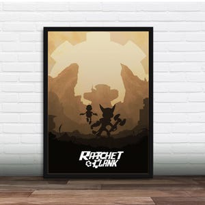 May include: A framed poster featuring a silhouette design of the video game characters Ratchet and Clank. The background is a sepia-toned landscape with a large gear shape at the top. The words "Ratchet & Clank" are printed at the bottom.