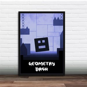 Puede incluir: Un póster enmarcado con un diseño pixelado del juego Geometry Dash. La obra de arte muestra un personaje cuadrado negro navegando por un paisaje geométrico azul y morado. Las palabras "Geometry Dash" se muestran en fuente pixelada blanca en la parte inferior.