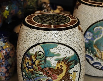 Handmade Ceramic Stool: Engraved Dragon Accent, Vietnamese Pottery