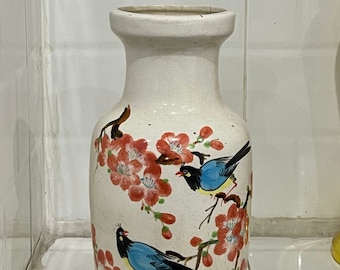 1970s Bien Hoa Ceramic Vase – Handmade Birds and Flowers, Vietnamese Pottery