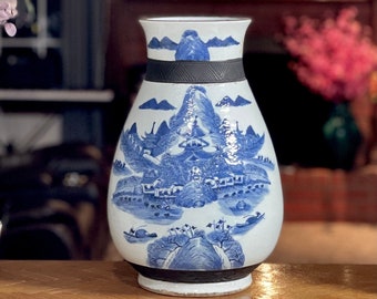 1940s - Vintage vase handmade beautiful engraved antique with so much details stories -blue, white glazed - 17 inches tall