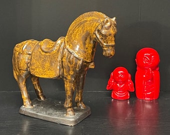 Handmade Ceramic Horse Statue, Golden Glazed Decor (8x4x8 inches)