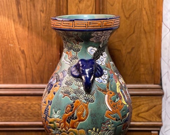 1960s Bien Hoa Pottery Vase, Engraved Ceramic, Vietnamese Antique, 15 Inch