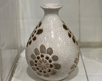 1970s Bien Hoa Pottery Vase – Vietnamese Floral Engraved Ceramic