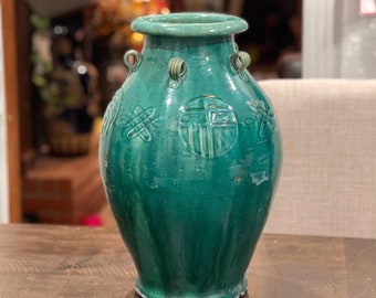 1950s - Vintage vase handmade beautiful engraved antique green glazed - 16 inches tall