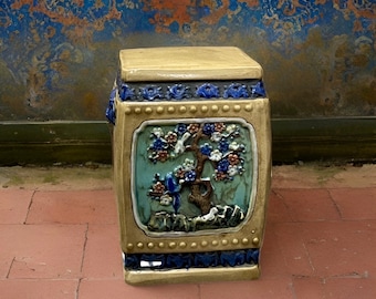 Edition 2/2 1980s Four seasons on four sides stool handmade beautiful decor item