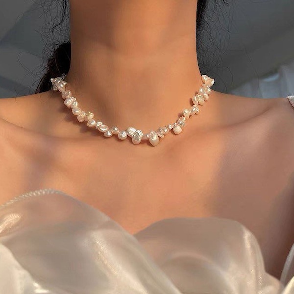 Natural Pearl Wave Necklace | Natural Freshwater Keshi Pearl | Handmade Necklace | Wedding Pearl Necklace | Pearl Choker | Gifts for Her