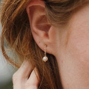 Mini Freshwater Pearl Threader Earrings | 14k Gold Pearl Wedding Earrings | Natural Pearl Earrings | Gold Plated Earrings | Bridesmaids Gift