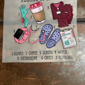 May include: Making of a Nurse infographic with illustrations of items a nurse might use, including gloves, coffee, scrubs, a watch, a stethoscope, Crocs, and a clipboard. The numbers 1 through 7 are next to each item.