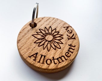 Oak Allotment Keyring | Engraved Gift For Allotment Shed | Garden Flower Patch | Handmade Keyring | Bespoke Oak Keyring | Gardeners Gift