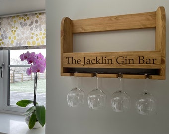 Personalised Pine Gin Bar | Wooden Wall Hanging Bar | Engraved Gin Bar | Bespoke Homeware | Bar | Handmade Personalised Wooden Bar
