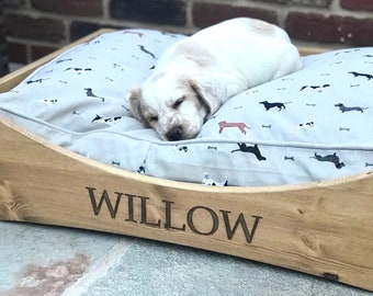 Personalised Pine Dog Bed | Handmade Bespoke Pet Product | Engraved Pet Furniture | Farmhouse Style Animal Crate | Stylish Luxury Bed