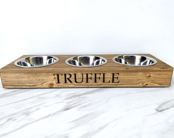 Personalised Double Dog Bowl Feeder Large | Solid Pine Engraved Feeding Station | Farmhouse Style Pet Furniture