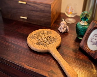 Solid Oak Personalised Hand Held Mirror | Engraved Oak Mirror | Mirror With Floral Design And Name Engraving | Personalised Oak Mirror