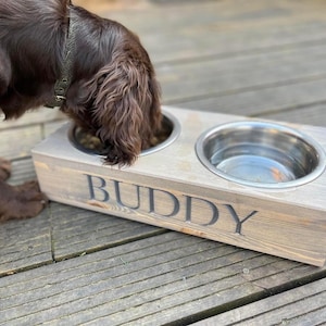 Personalised Pine Dog bowl Standard Feeder | Engraved Dog Feeding Station | Handmade Pet Feeding Station | Bespoke Water Bowl Grey Stain