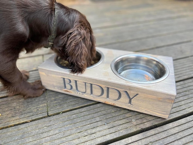 Personalised Pine Dog bowl Standard Feeder | Engraved Dog Feeding Station | Handmade Pet Feeding Station | Bespoke Water Bowl Grey Stain