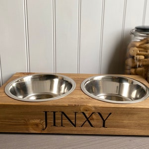 Large Personalised Pine Dog Bowl Feeder Wooden Dog Bowl Feeder Handmade Dog Bowl Feeder Bespoke Engraved Dog Bowl image 1