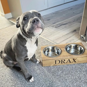 Personalised Pine Dog bowl Standard Feeder | Engraved Dog Feeding Station | Handmade Pet Feeding Station | Bespoke Water Bowl Oak Stain