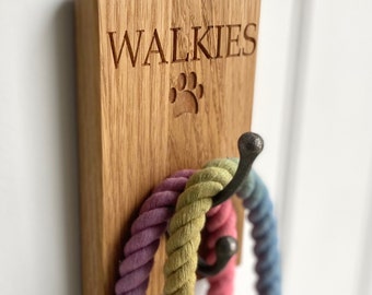 Oak Walkies Dog Lead Hook | Engraved Dog Lead Organiser | Handmade Gift | Bespoke Pet Products