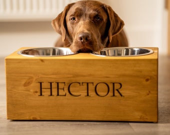 Large Raised Personalised Pine Dog Bowl Feeder | Engraved Pine Dog Bowl Feeder | Handmade Wooden Dog Bowl Set | Bespoke Dog Bowls