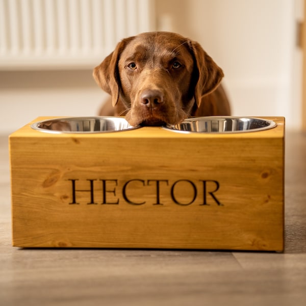 Large Raised Personalised Pine Dog Bowl Feeder | Engraved Pine Dog Bowl Feeder | Handmade Wooden Dog Bowl Set | Bespoke Dog Bowls