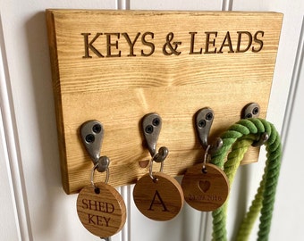 KEYS & LEADS Engraved Key Rack | Handmade Key Organiser | Bespoke Key Rack | Wooden Key And Lead Holder | Pine Organiser With Metal Hooks