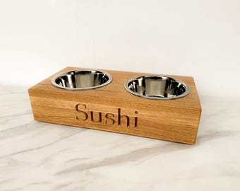 Solid Oak Personalised Dog Bowl Feeder | Engraved Oak Dog Bowl | Handmade Dog Bowl | Bespoke Pet Products