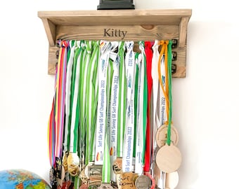 Personalised Pine Medal Display Rail With Shelf| Engraved Medal Hanger | Bespoke Medal Holder | Handmade Gift | Trophy Shelf