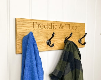 Children’s Oak Coat Hook Rail | Handmade Coat Hanger | Bespoke Gift | Engraved Home Products