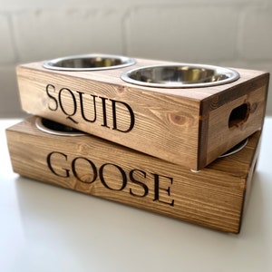 Personalised Pine Dog bowl Standard Feeder | Engraved Dog Feeding Station | Handmade Pet Feeding Station | Bespoke Water Bowl image 1