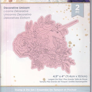 Juego de sellos y troqueles decorativos de unicornio, 2 piezas, marco troquelado, sello de unicornio y floral, colección Crafters Companion Enchanted Dreams