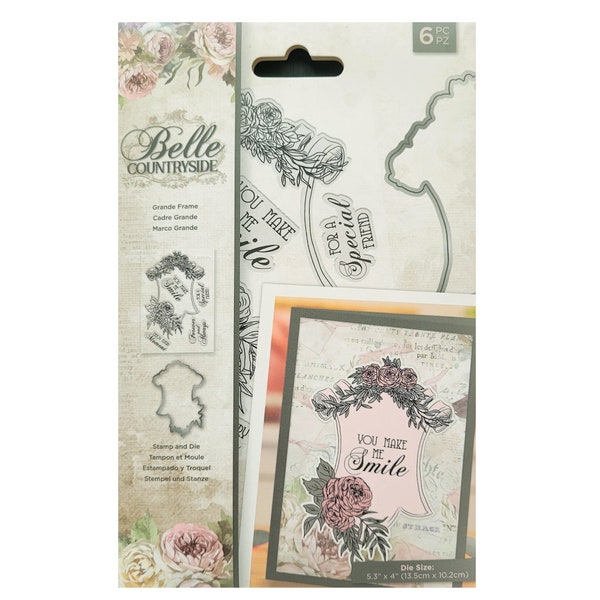 Belle Countryside Grande Frame Stamp and Die Set, 6 Pieces, Die Cut Frame, Sentiment and Embellishment Stamps, Crafters Companion