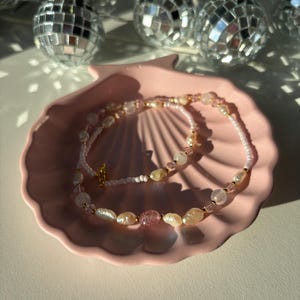 Pearl necklace with delicate purple seed beads, freshwater pearls and natural quartz stone beads / handmade necklace / gift for girlfriend / purple necklace