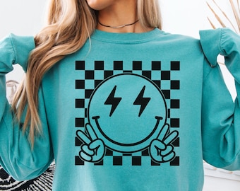 Comfort Colors Checkered Smile Face Shirt, Retro Happy Tee