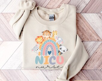 NICU Nurse Crewneck Sweatshirt, Rainbow Animals Design