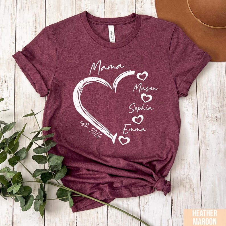 Custom Mama Shirt, Personalized Mom Shirt, Shirt with Kids Names, Gift for Mom Mama, Mom Heart Shirt, Custom Grandma Shirt, Mothers Day Gift image 1