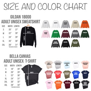 Pu&ograve; includere: Tabella delle taglie e dei colori per felpe unisex per adulti Gildan 18000 e t-shirt unisex per adulti Bella Canvas. La tabella mostra la taglia, la larghezza e la lunghezza di ogni capo in pollici. La tabella mostra anche i colori disponibili per ogni capo. I colori della felpa includono cenere, bianco, grigio sportivo, sabbia, arancione, rosa chiaro, verde, granata, grigio melange grafite, bosco, grigio melange scuro, nero e verde militare. I colori della t-shirt includono crema morbida, melange atletico, melange blu ghiaccio, bianco, pesca melange, melange malva, melange rosso, melange oliva, blu reale, blu navy, rosa, arancione, granata, nero e grigio melange scuro.