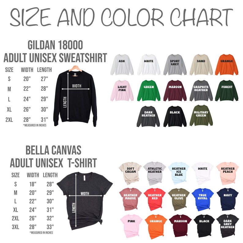Pu&ograve; includere: Tabella delle taglie e dei colori per felpe unisex per adulti Gildan 18000 e t-shirt unisex per adulti Bella Canvas. La tabella mostra la taglia, la larghezza e la lunghezza di ogni capo in pollici. La tabella mostra anche i colori disponibili per ogni capo. I colori della felpa includono cenere, bianco, grigio sportivo, sabbia, arancione, rosa chiaro, verde, granata, grigio melange grafite, bosco, grigio melange scuro, nero e verde militare. I colori della t-shirt includono crema morbida, melange atletico, melange blu ghiaccio, bianco, pesca melange, melange malva, melange rosso, melange oliva, blu reale, blu navy, rosa, arancione, granata, nero e grigio melange scuro.