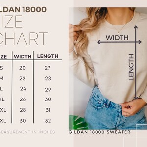 May include: Size chart for Gildan 18000 sweaters, showing width and length measurements in inches for sizes S through 3XL.