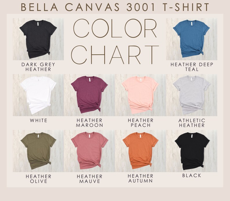 May include: Color chart for Bella Canvas 3001 t-shirts. The chart shows 10 different colors, including dark grey heather, white, heather maroon, heather peach, athletic heather, heather olive, heather mauve, heather autumn, and black.