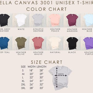May include: Color chart for Bella Canvas 3001 unisex t-shirts. The chart displays various colors, including dark grey heather, white, athletic heather, heather peach, heather maroon, and heather ice blue. Also shown are deep teal, heather olive, heather mauve, natural, black, and heather purple. A size chart is also included.