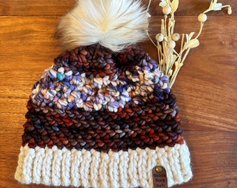 Handmade crochet chunky brown hat - The Greer Hat - cream brim, warm, removeable or sewn in pom pom, customizable unique, cruelty free yarn,