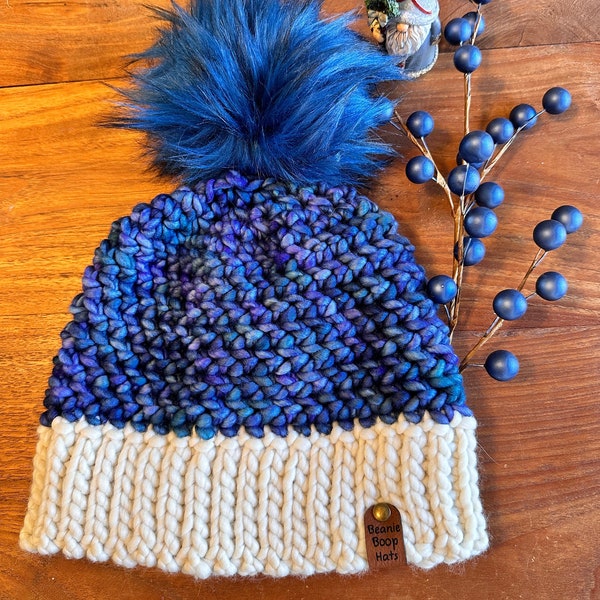 Handmade indigo blue crochet hat - The Lapis Hat - warm super wash Wool bulky yarn, pom pom choice, cruelty free, customizable, unique