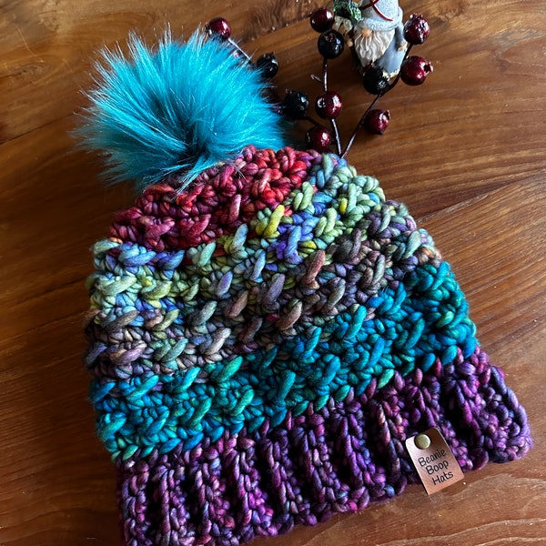 Handmade crochet hat - The Delilah - gorgeous chunky wool multi-color unique, removeable or sewn in pom-pom, customizable cruelty free yarn